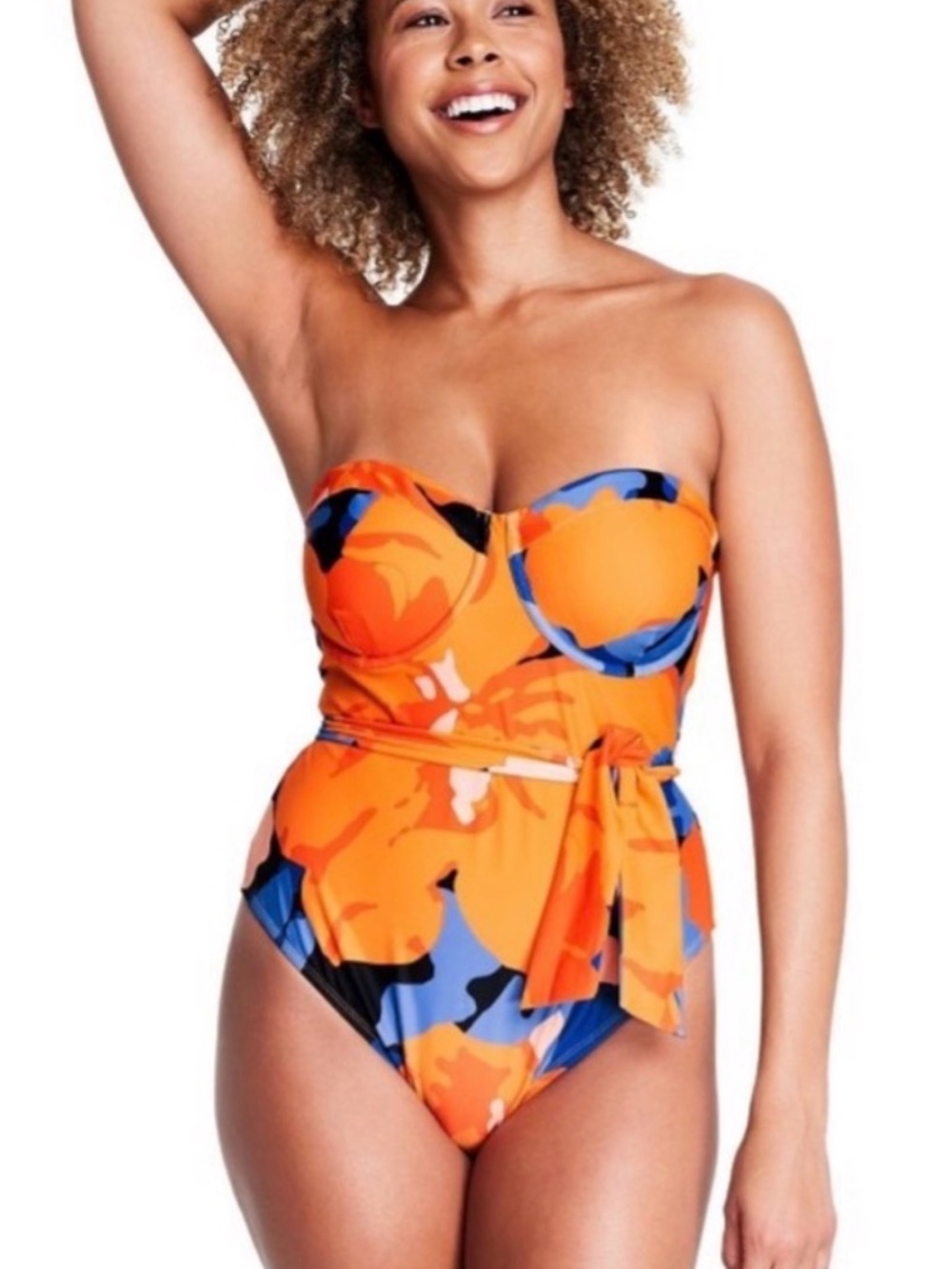 Strapless Orange Blue Floral Tie-Waist One-Piece Swimsuit